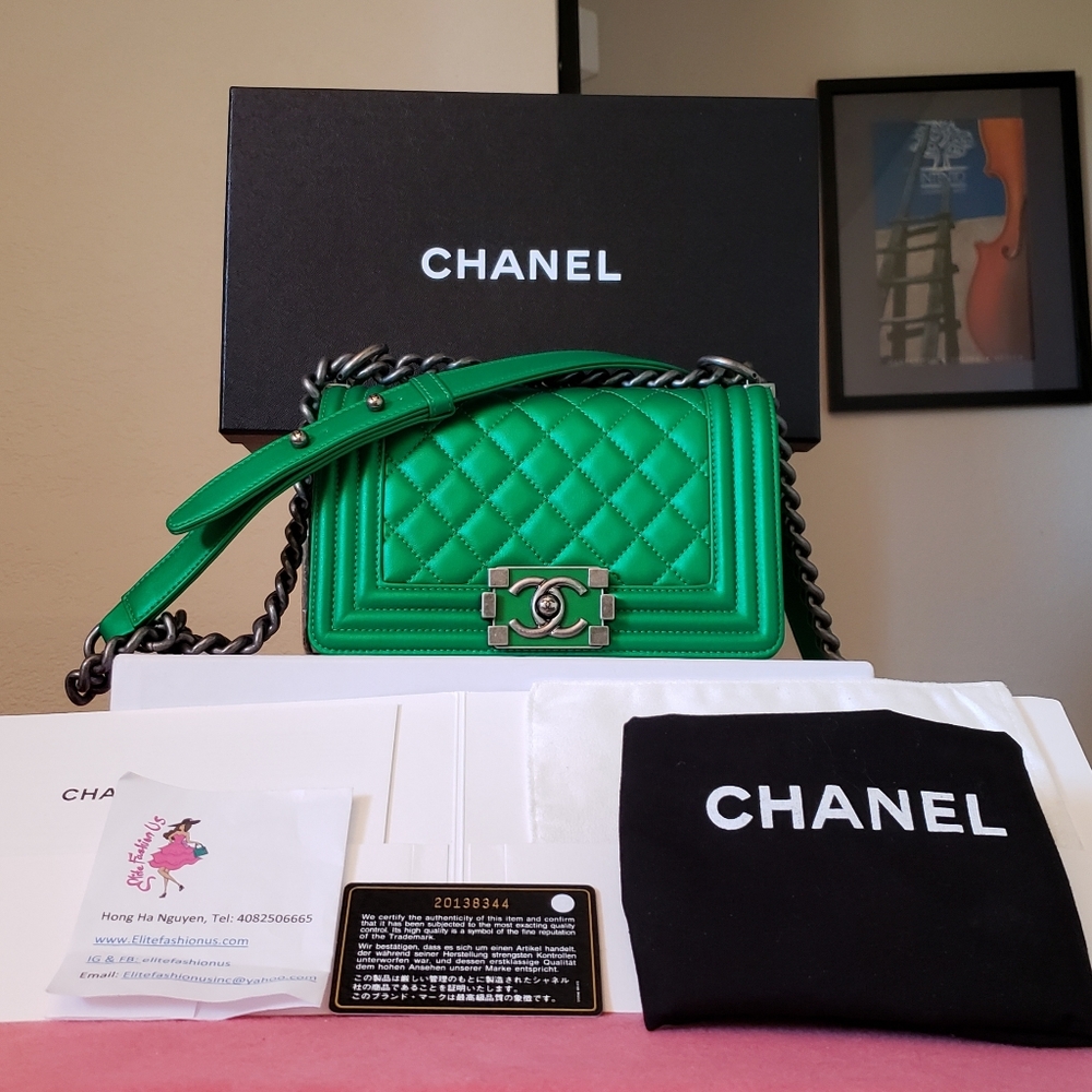 Chanel boy irridescent green small bag